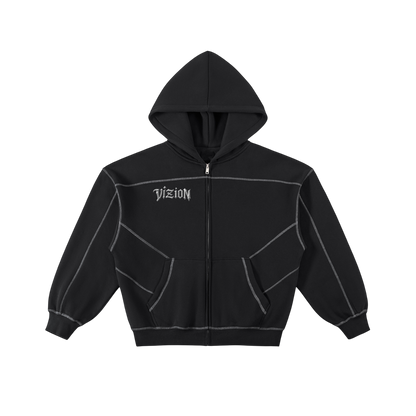 Contrast-Stitched Boxy Vizion Zip Hoodie