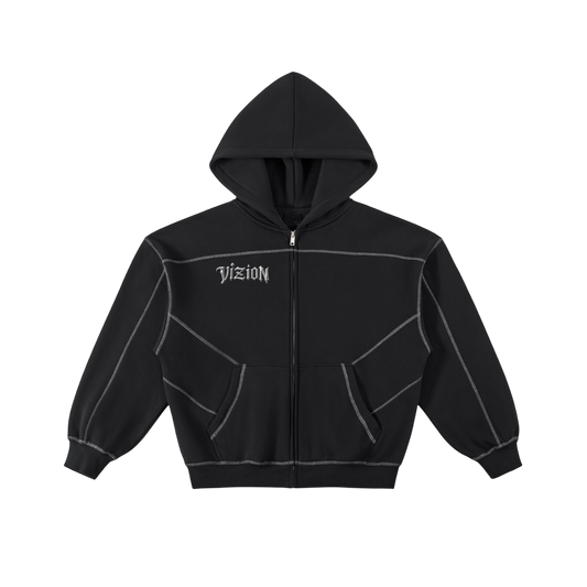 Contrast-Stitched Boxy Vizion Zip Hoodie