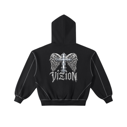 Contrast-Stitched Boxy Vizion Zip Hoodie