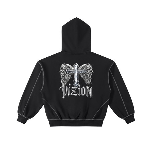 Contrast-Stitched Boxy Vizion Zip Hoodie